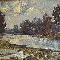 Landschaft an der Strogen bei Schneeschmelze