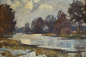 Landschaft an der Strogen bei Schneeschmelze