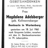 Sterbebild Adelsberger Magdalena